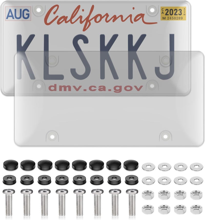 KLSKKJ 2 Pack License Plate Covers, Clear License Plate Protector Unbreakable Plastic Shields Tag Holder Fits Standard US Plate with Screws Caps ﻿ - Image 1